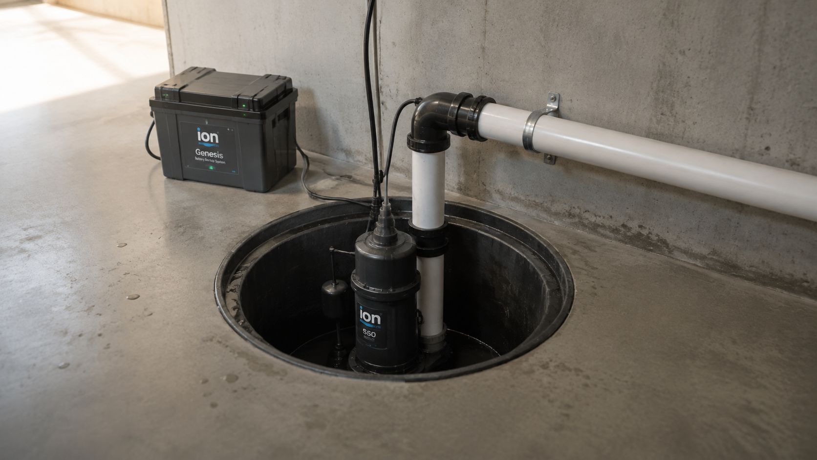 A professional sump pump system with a battery backup installed in a concrete basement floor.