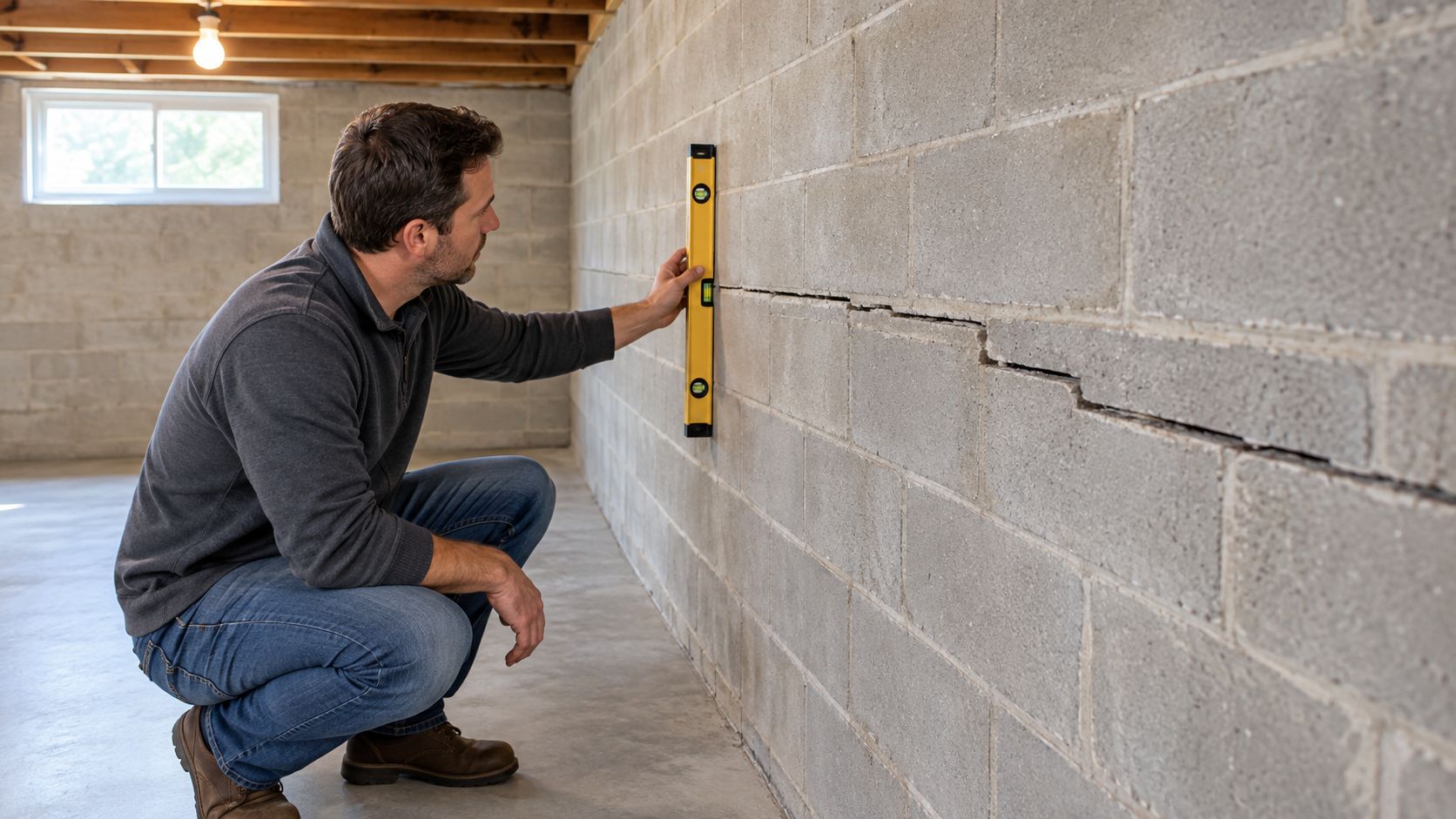 A man examines a cracked concrete block basement wall using a yellow leveling tool for home inspection.