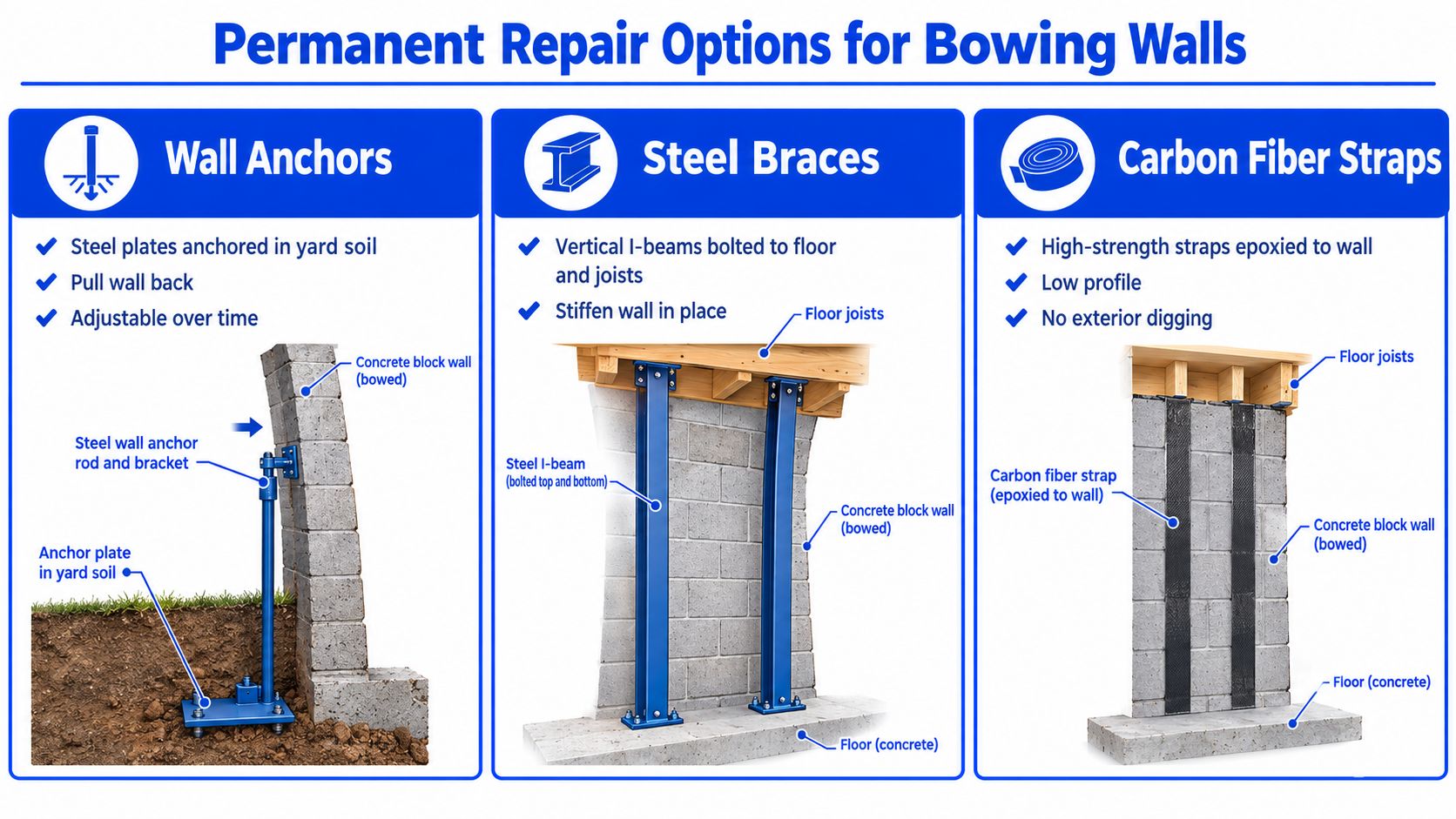 A diagram comparing three permanent repair methods for a bowing concrete block basement foundation wall.