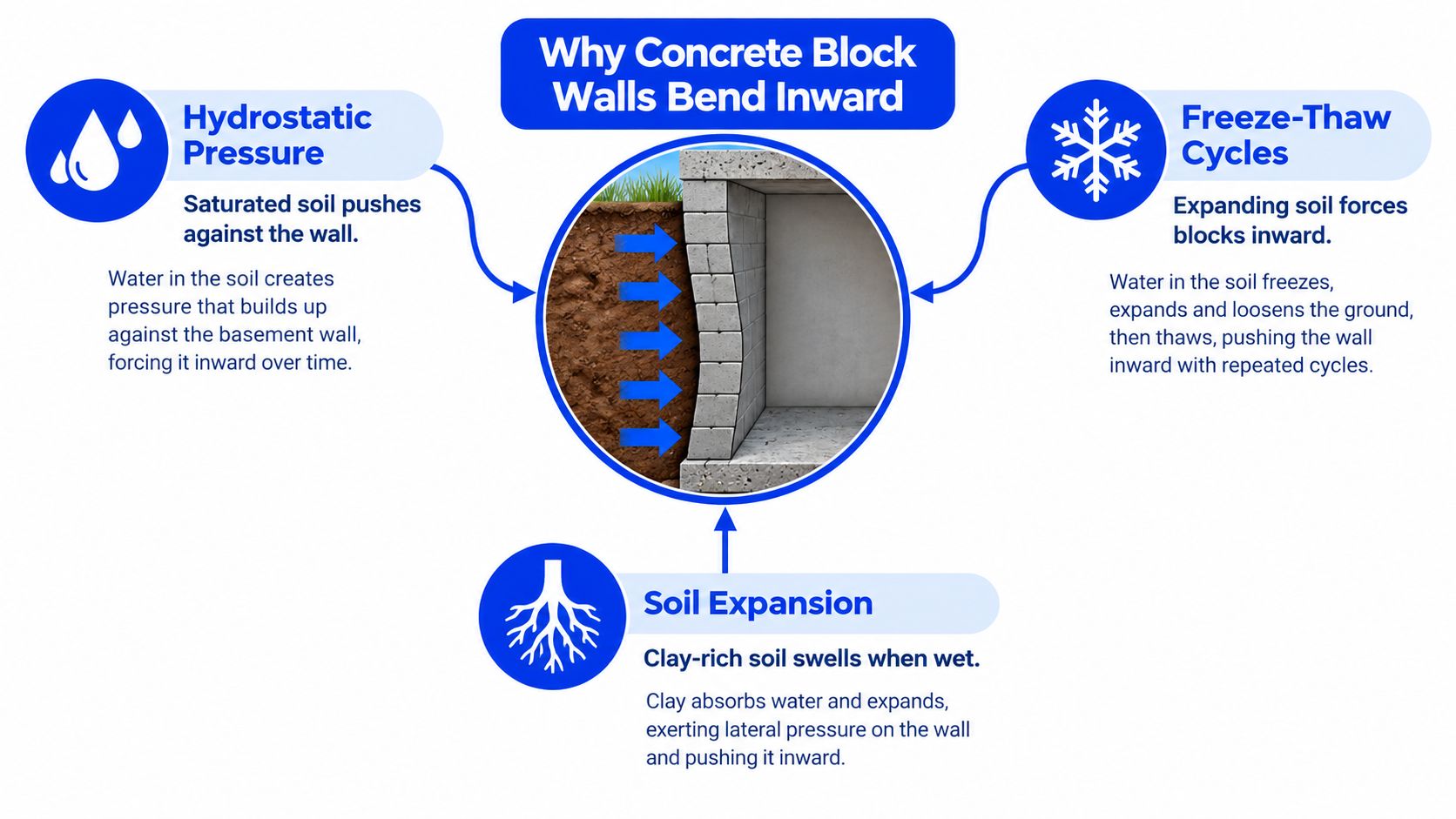 A diagram illustrating three main causes of concrete block basement walls bowing inward: hydrostatic pressure, freeze-thaw cycles, and soil expansion.