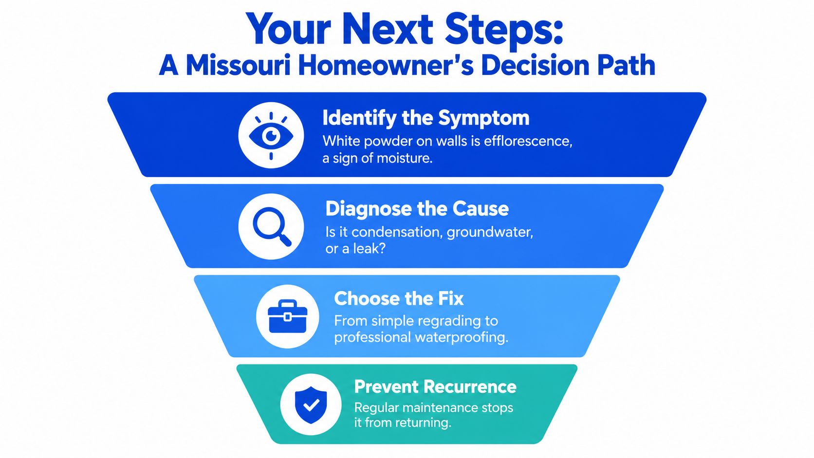 An infographic titled Your Next Steps showing a four-step decision path for handling basement efflorescence in Missouri homes.
