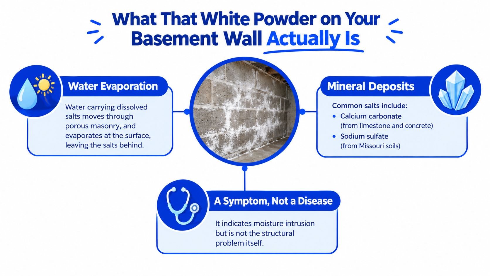 A diagram explaining that the white powdery substance on basement walls is efflorescence caused by moisture evaporation.