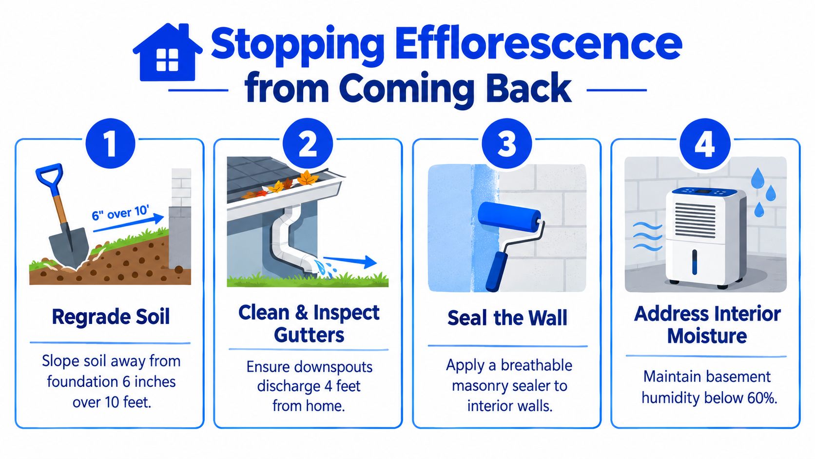 An infographic showing four effective ways to prevent efflorescence on basement walls, including regrading and dehumidifying.