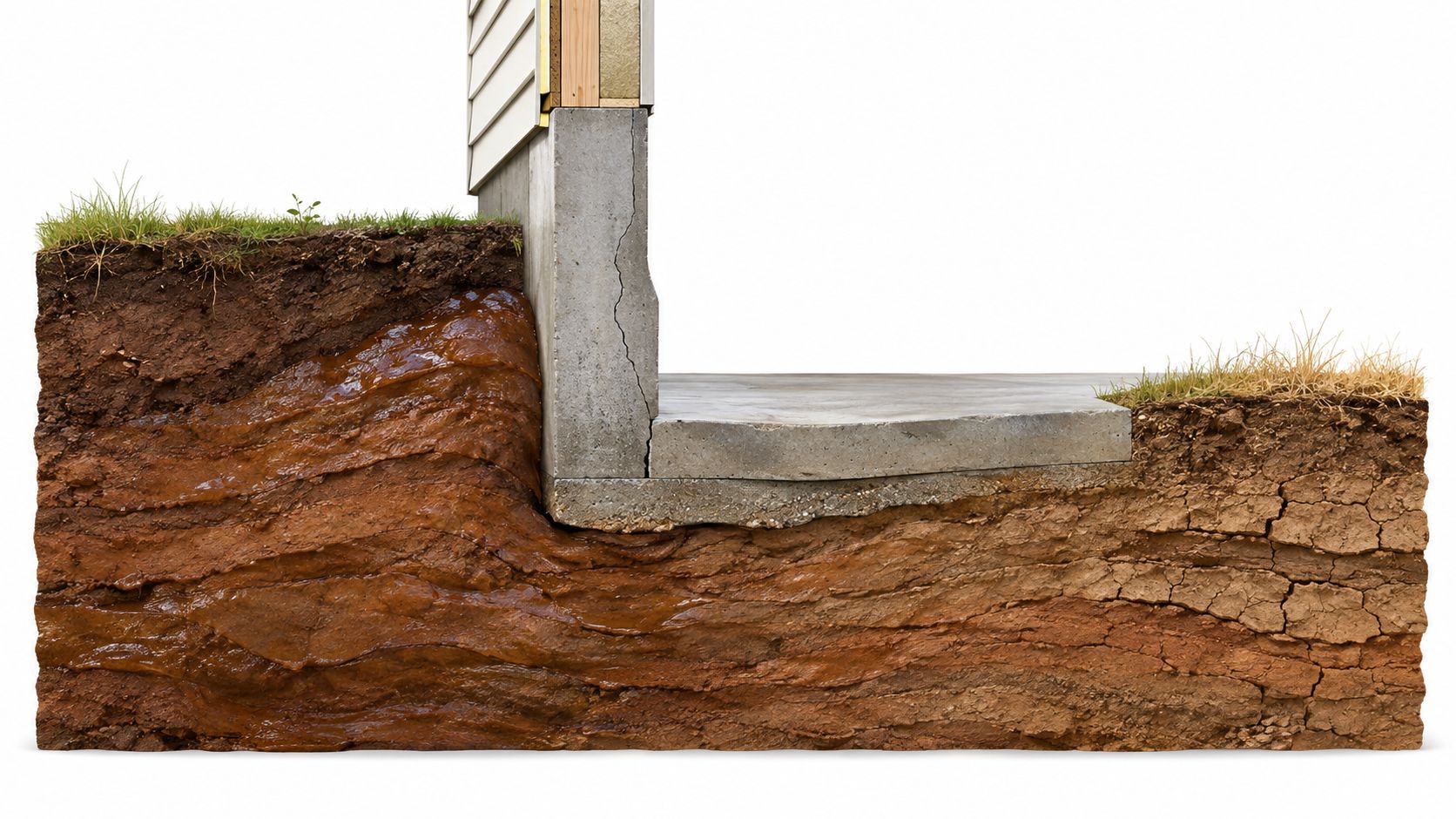 A cross-section illustration showing foundation crack damage caused by shifting Missouri clay soil and hydrostatic pressure.