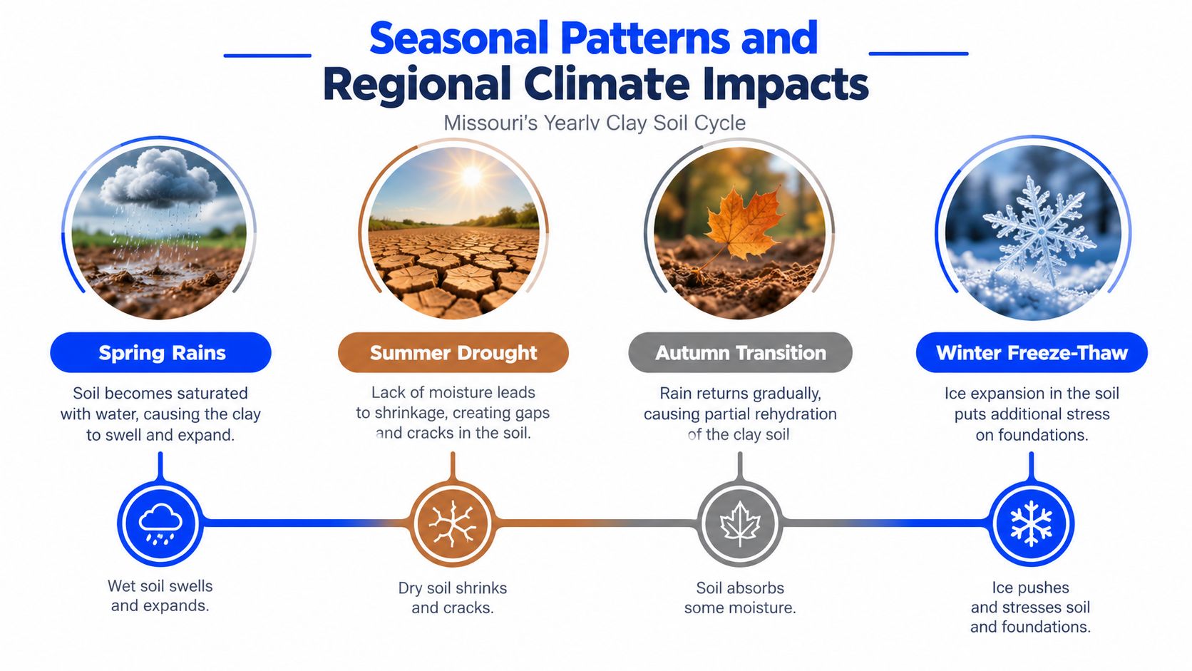 A seasonal infographic explaining how Missouri clay soil movement impacts home foundations throughout the year.