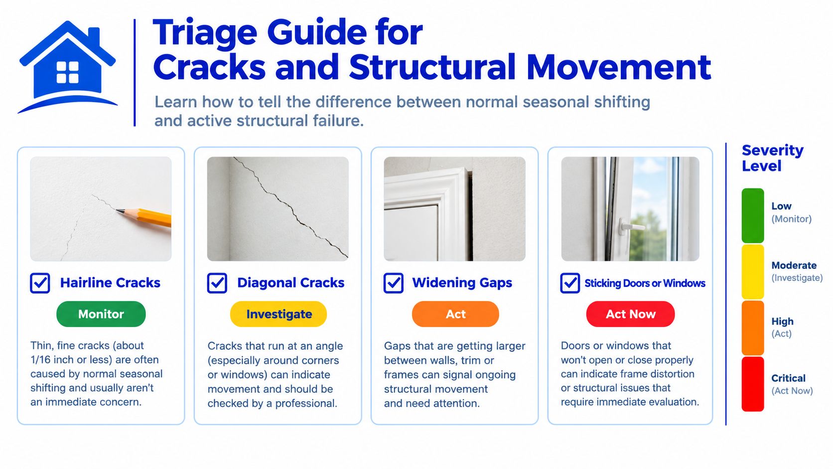 An infographic titled Triage Guide for Cracks and Structural Movement showing how to assess home damage.