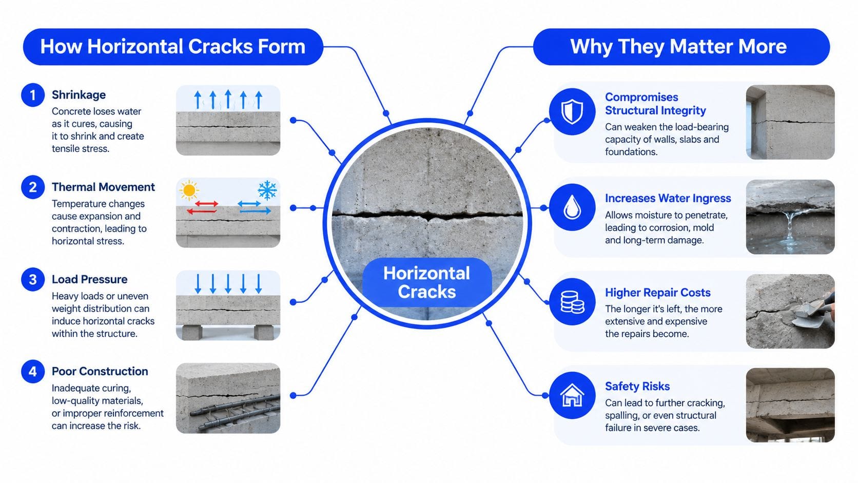 An infographic detailing why horizontal cracks in concrete walls form and why they require professional attention.
