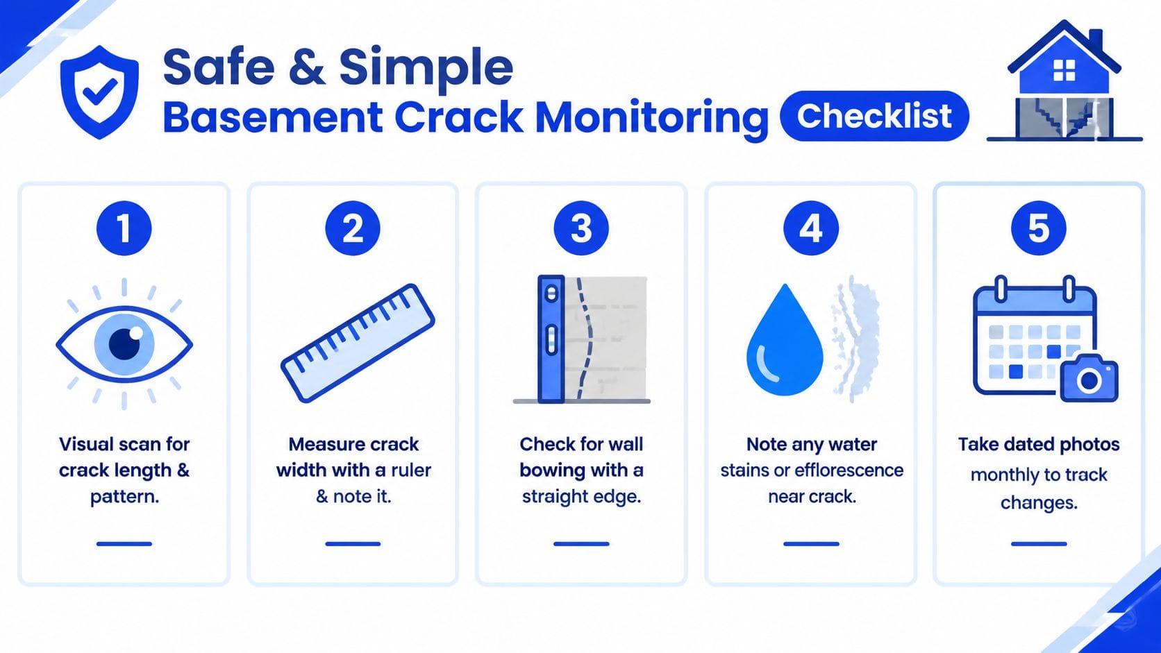 A five-step checklist for monitoring basement wall cracks, featuring icons for visual inspection, measuring, and documentation.
