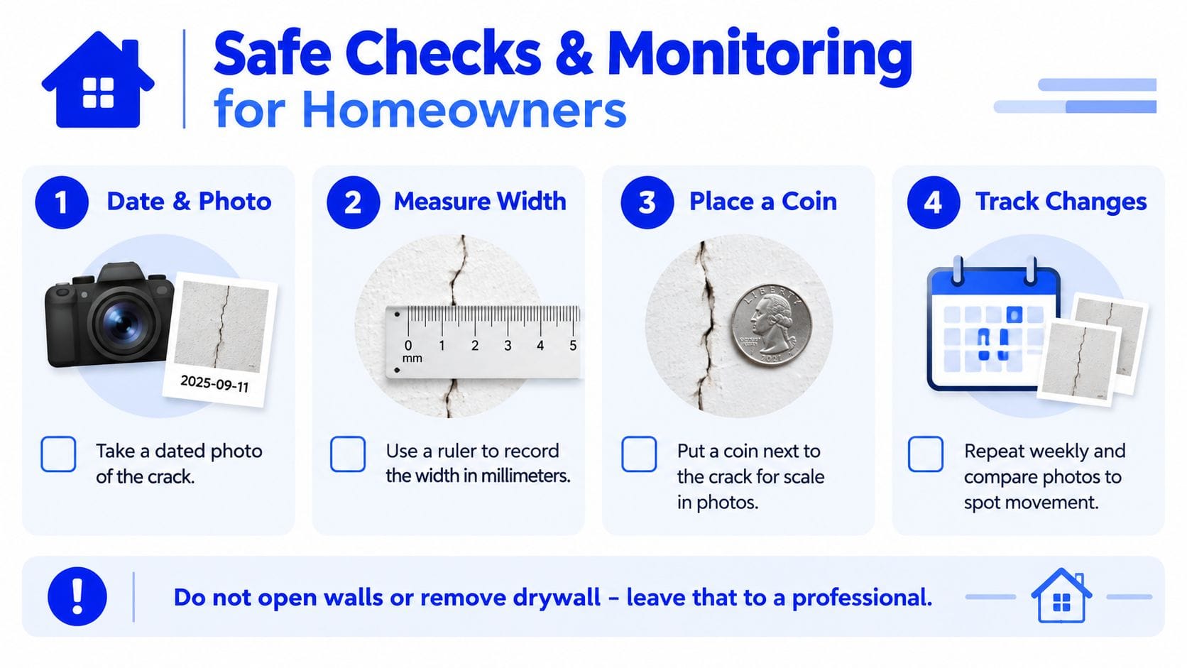 An infographic showing four simple steps to monitor wall cracks at home for safety and tracking.