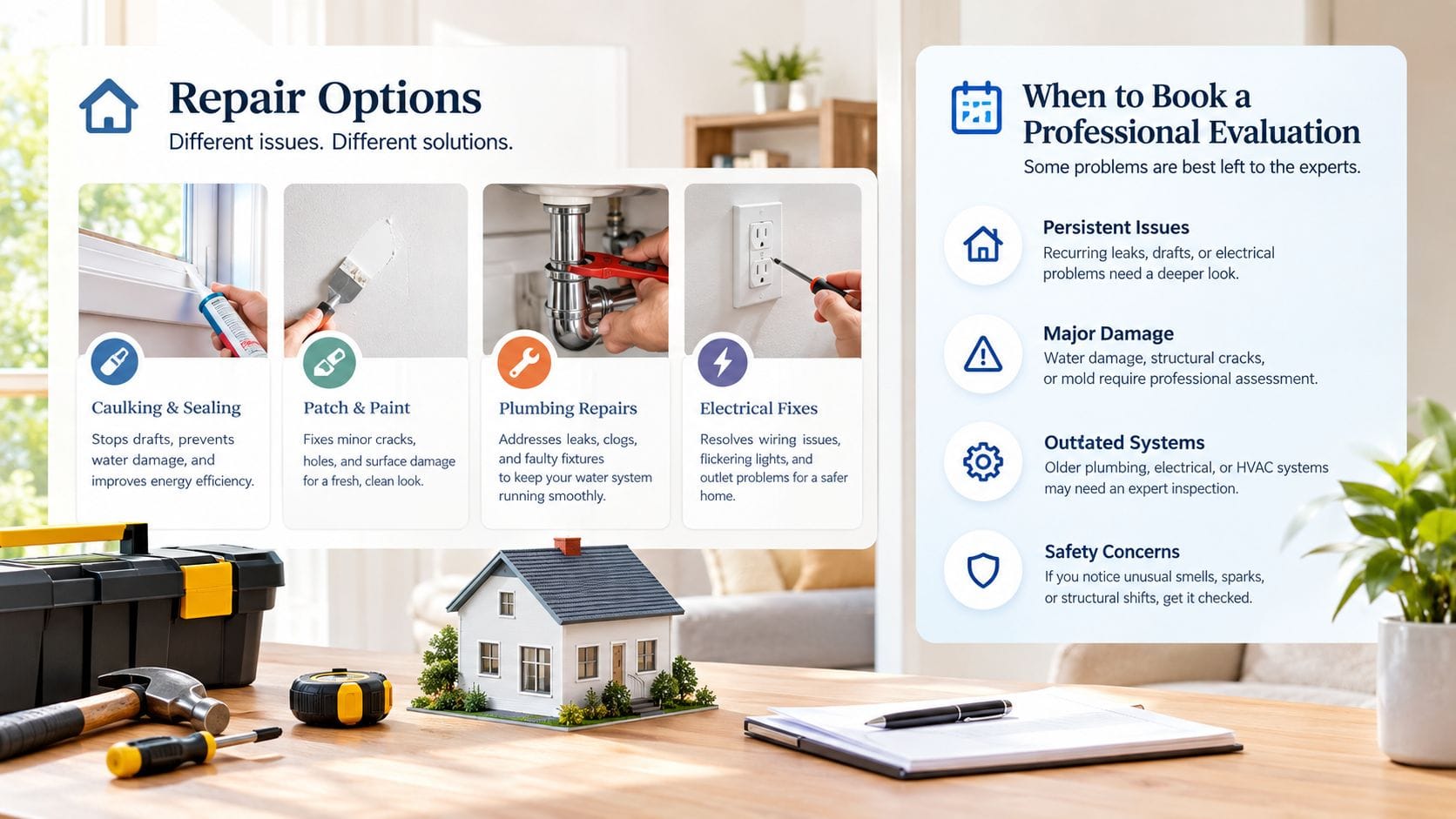 An infographic detailing home repair options alongside advice on when to hire a professional for home maintenance.