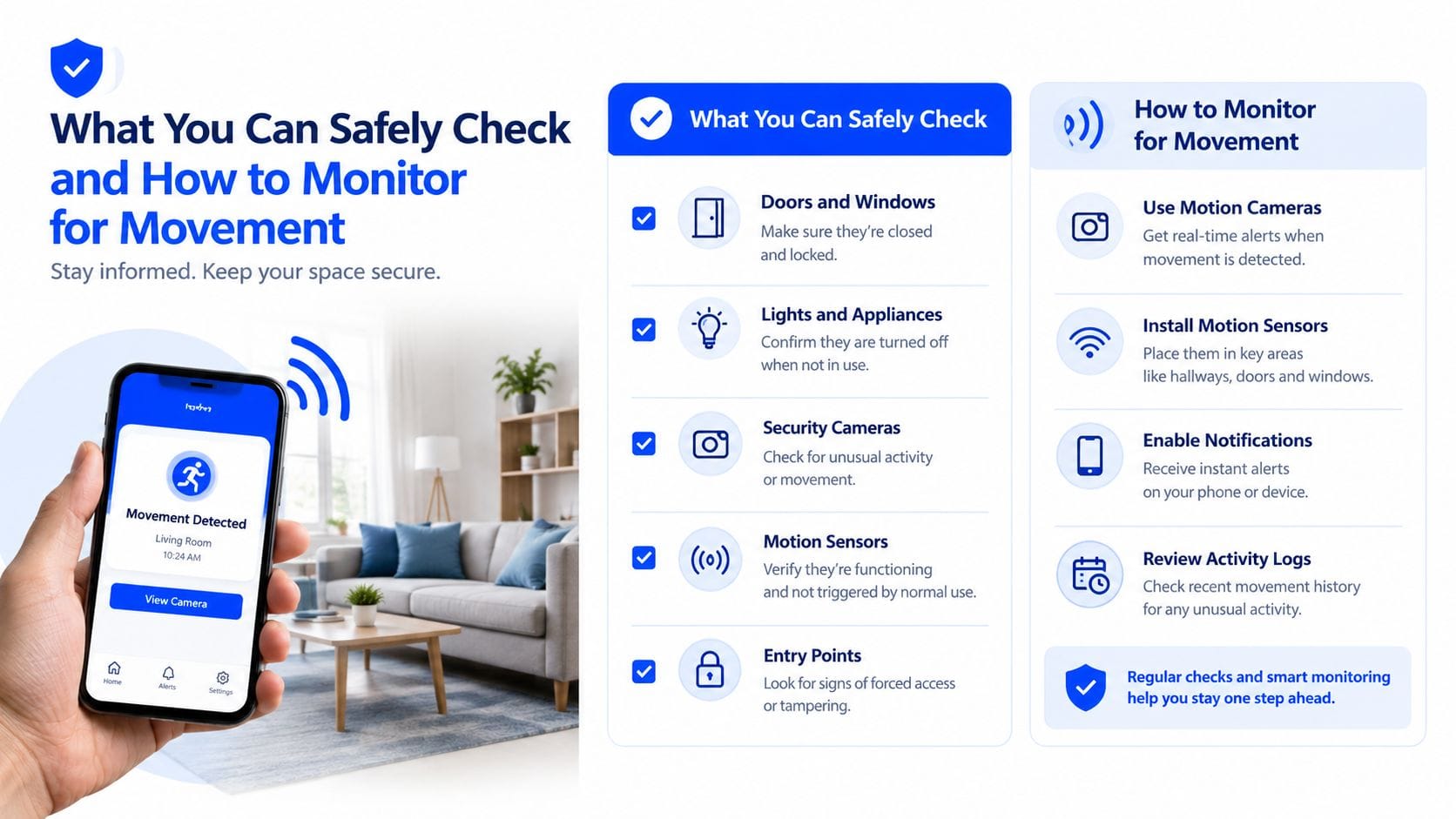 An infographic showing tips for home security, including checking doors, lights, cameras, and using motion sensors.