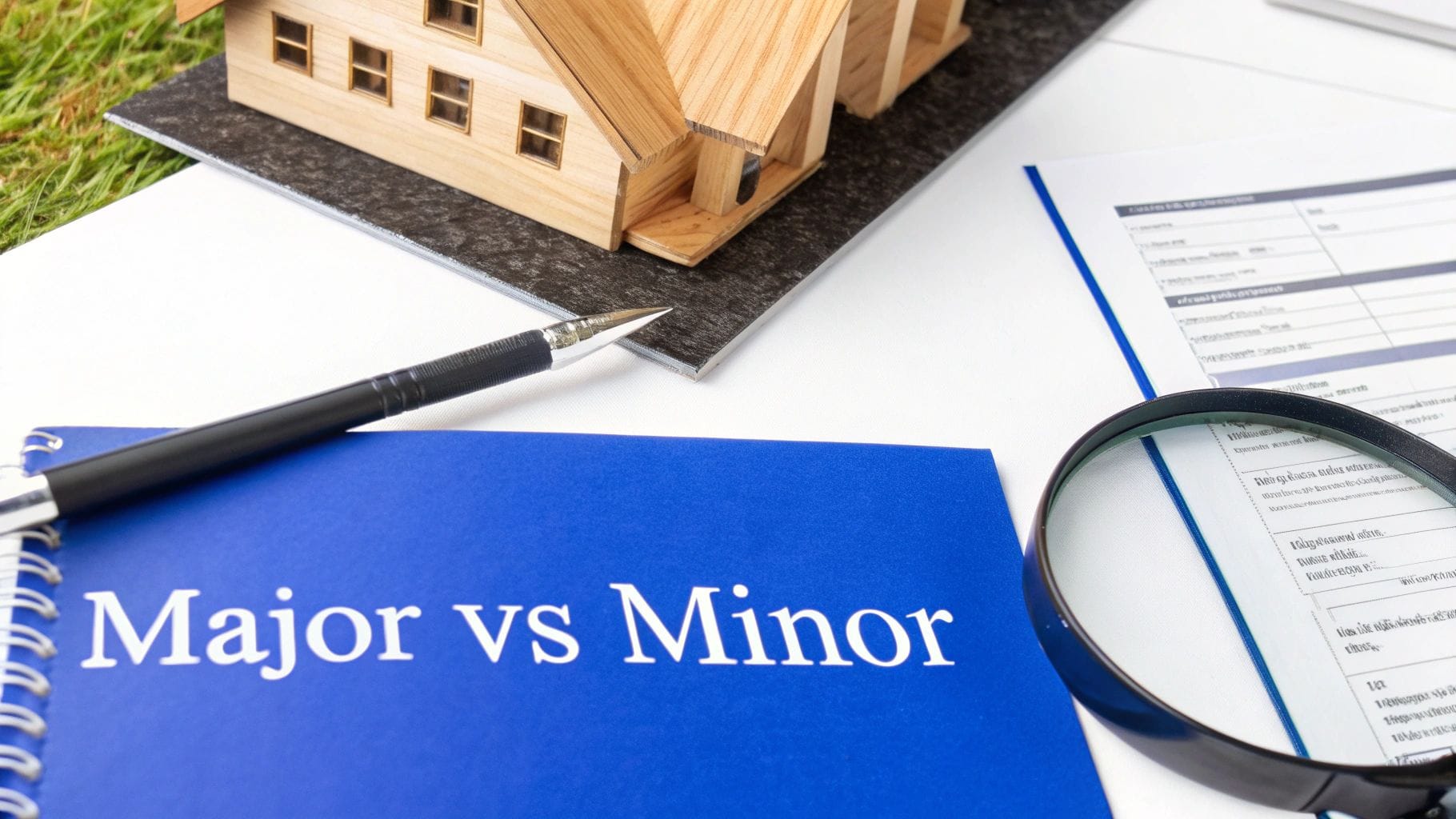 Wooden house model with Major vs Minor notebook, magnifying glass, and inspection documents on desk
