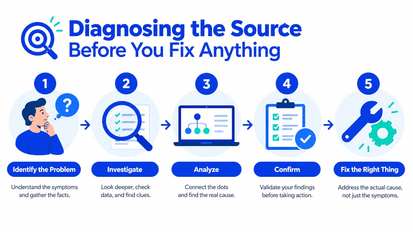 A five-step infographic illustrating a systematic process for diagnosing problems before applying solutions in any situation.
