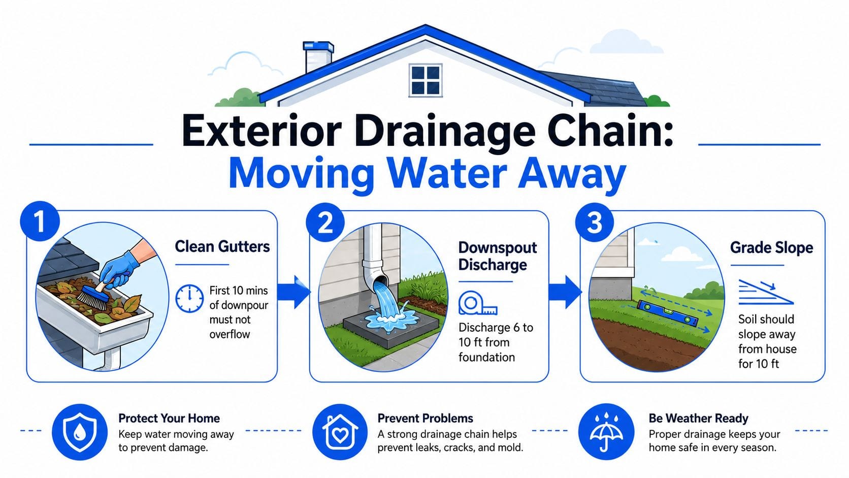 An infographic showing three steps to prevent water damage by directing water away from a home's foundation.