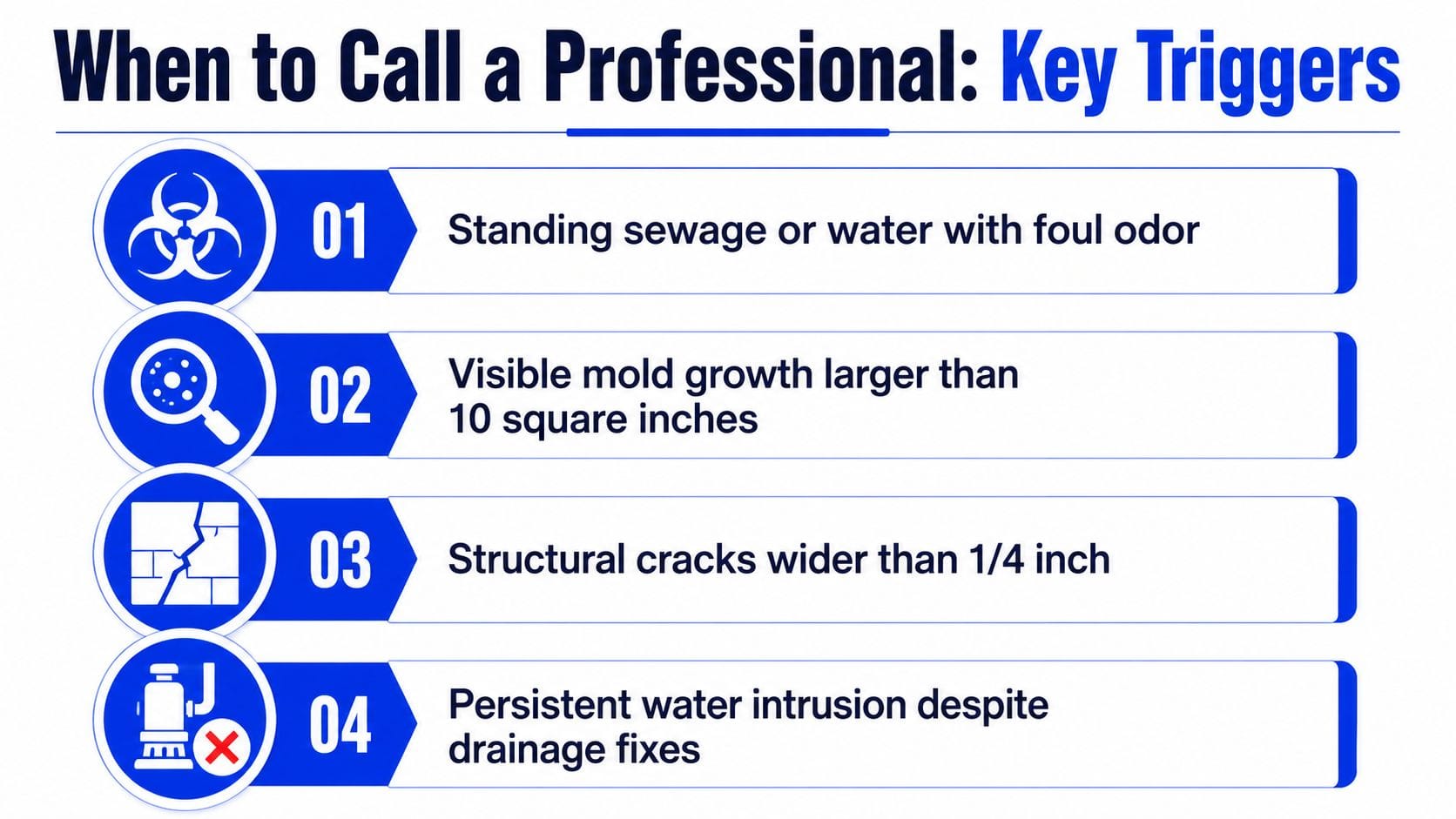 A list detailing four key signs, including mold and structural cracks, indicating when to call a professional.