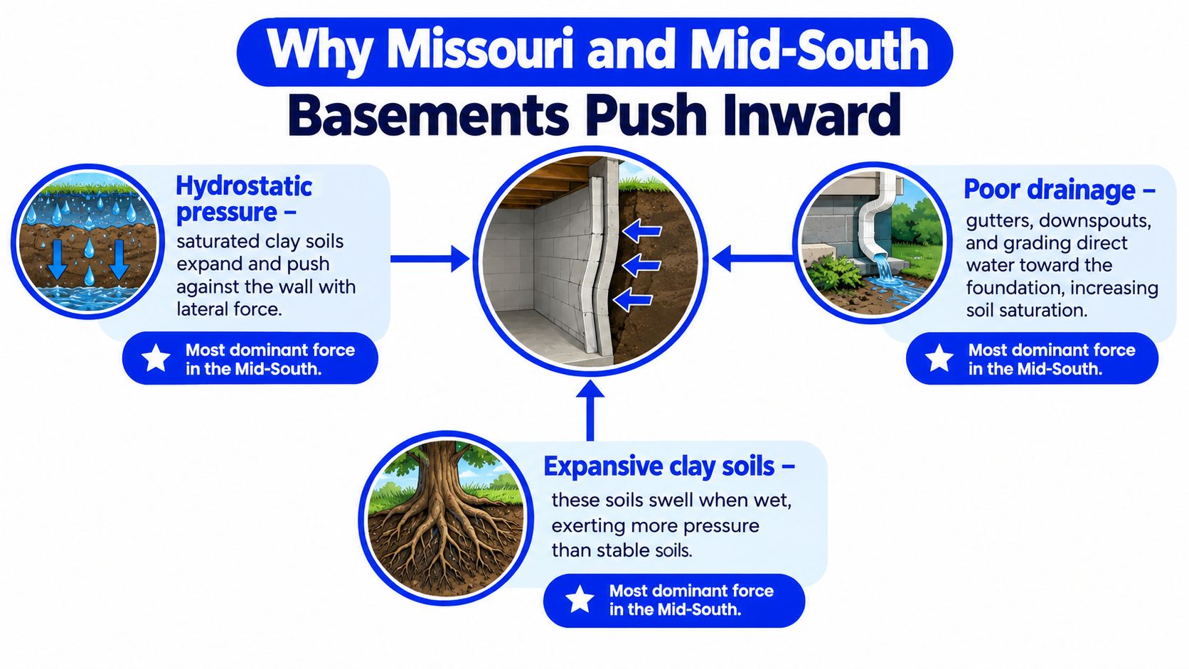 A diagram illustrating the causes of inward bowing basement walls in Missouri and the Mid-South region.
