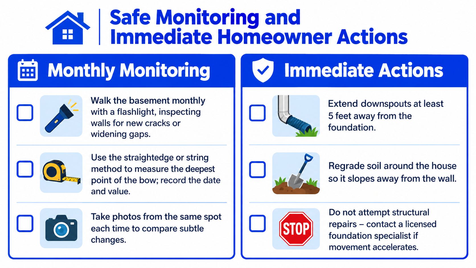 A checklist infographic outlining monthly basement wall monitoring tips and immediate home maintenance actions for homeowners.