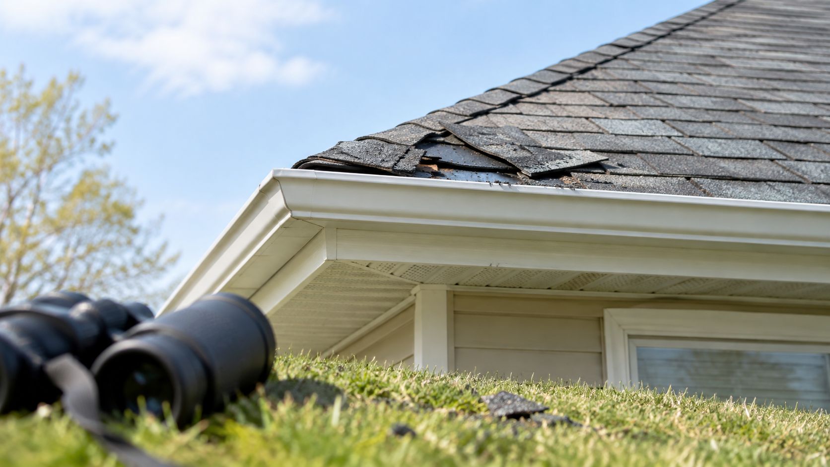 Binoculars sitting on grass in front of a house roof showing signs of damaged shingles and repairs.
