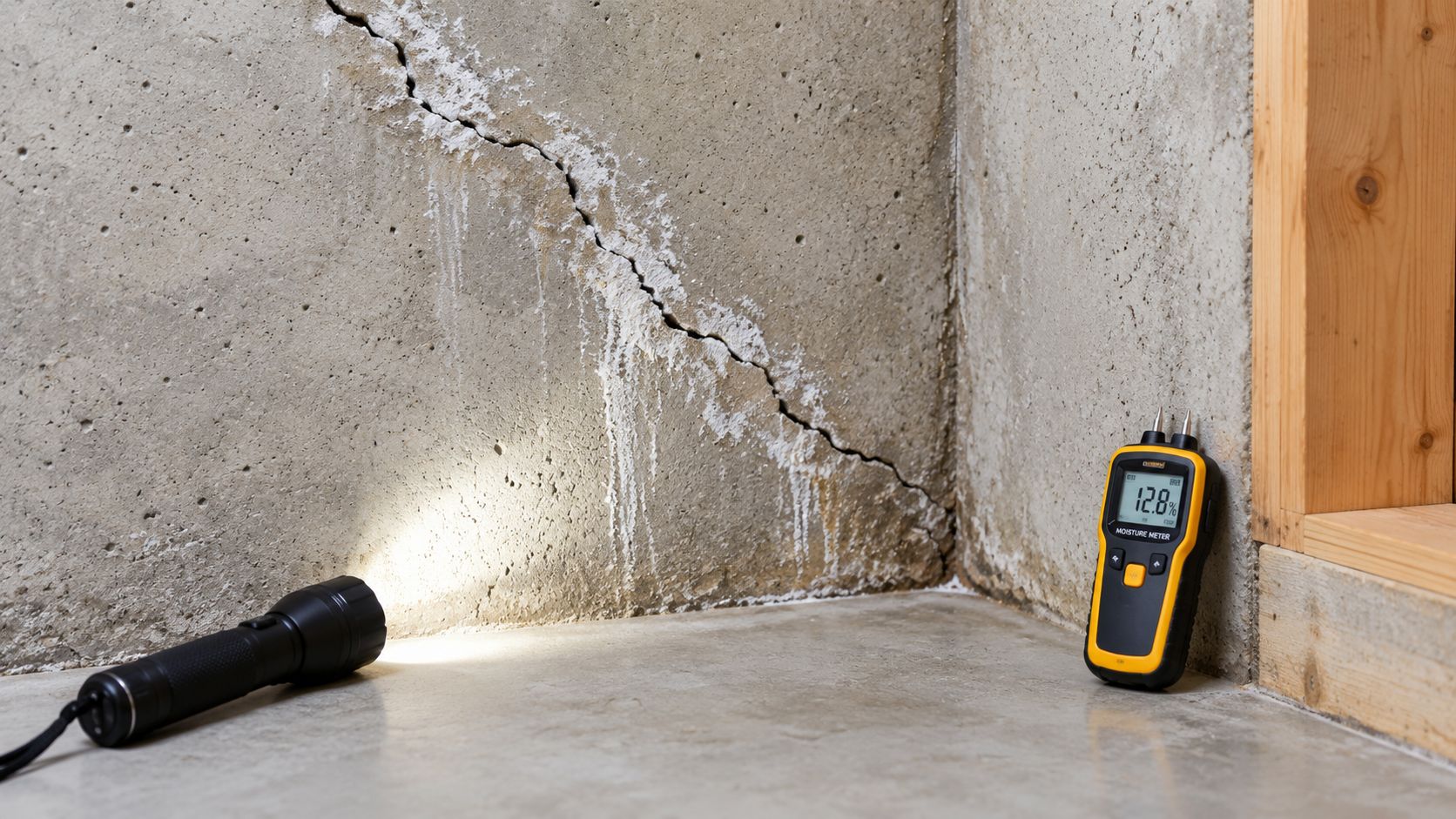 A moisture meter and flashlight inspect a cracked concrete foundation wall with white efflorescence mineral deposits.