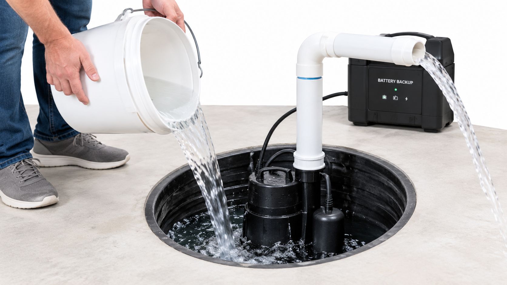 A person pouring water into a sump pump basin to test the battery backup system functionality.