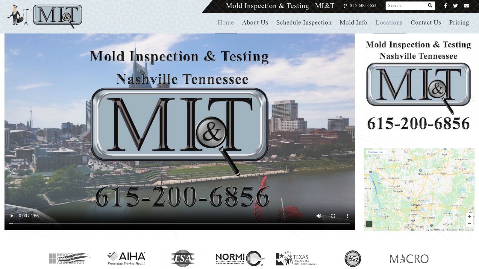 A screenshot of the Mold Inspection & Testing Nashville homepage, showcasing their specialized, test-only mold services.