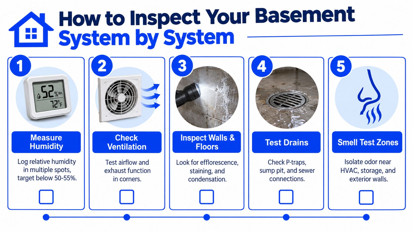 An infographic titled How to Inspect Your Basement System by System listing five steps with icons.