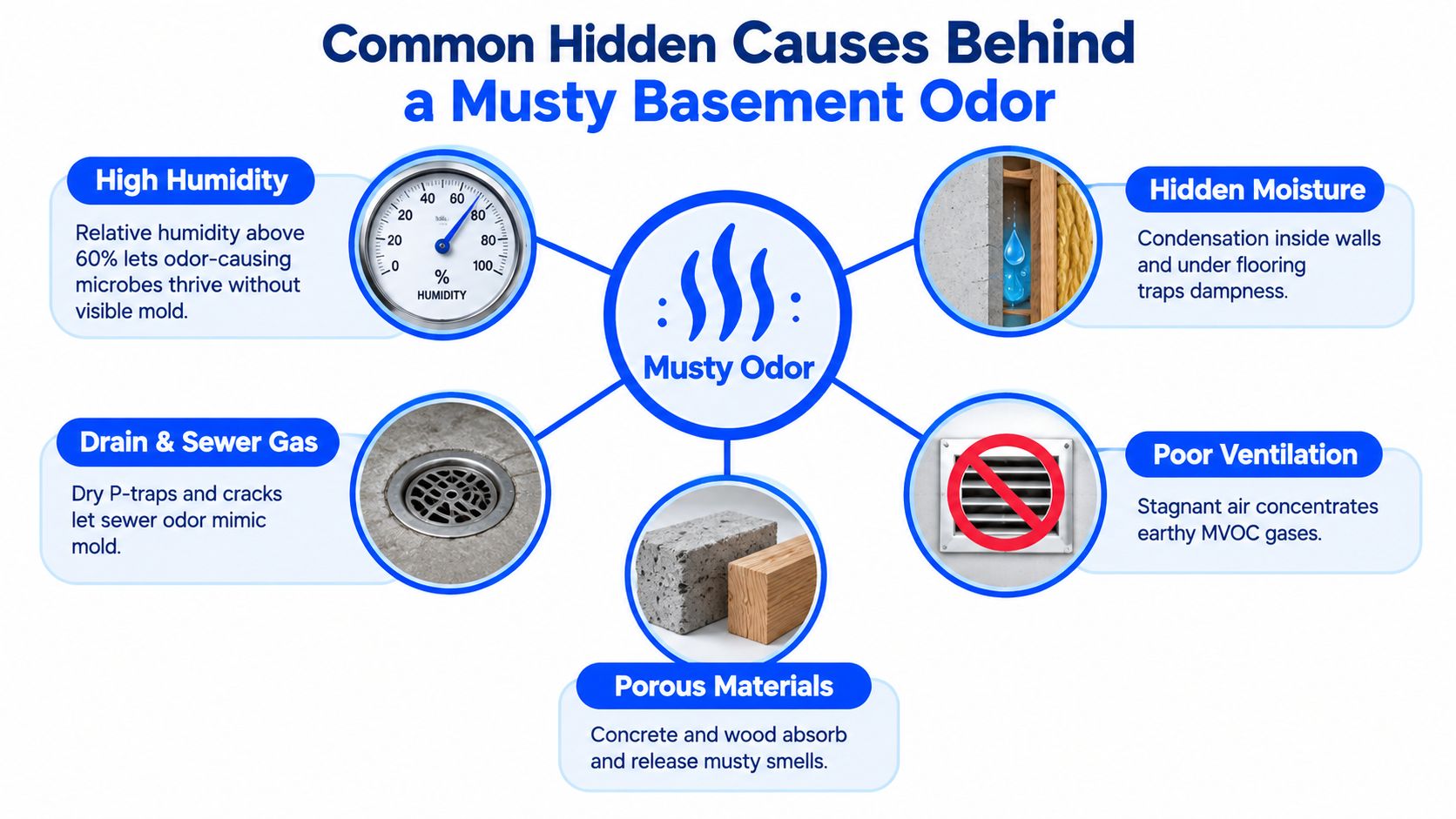 A diagram explaining five hidden causes of musty basement odors including humidity, moisture, poor ventilation, and porous materials.