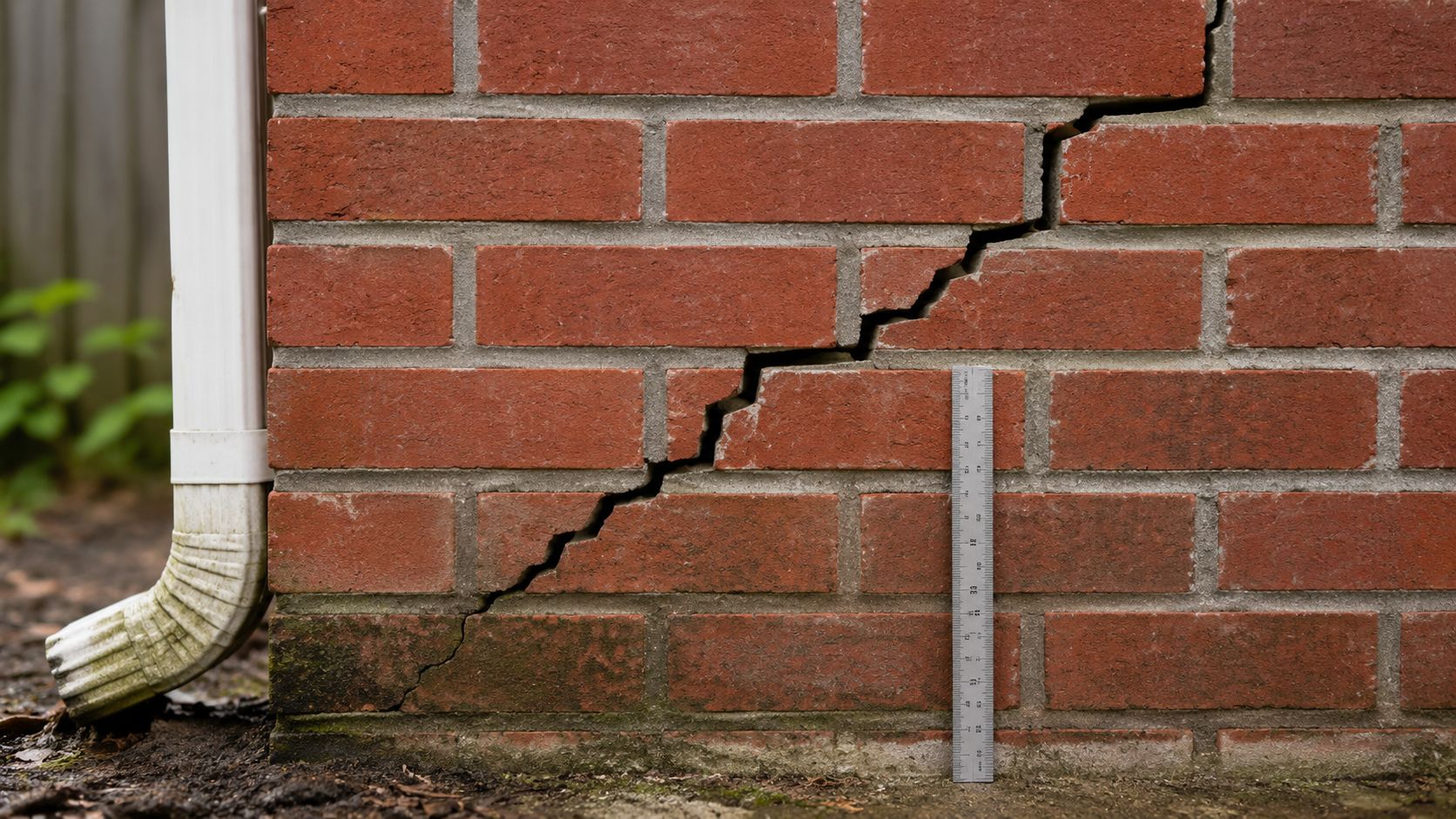 A significant structural crack running diagonally through red brick exterior wall near a downspout.