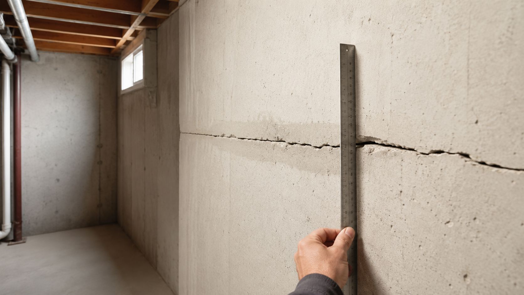 A person holds a metal ruler against a large horizontal crack in a concrete basement wall.