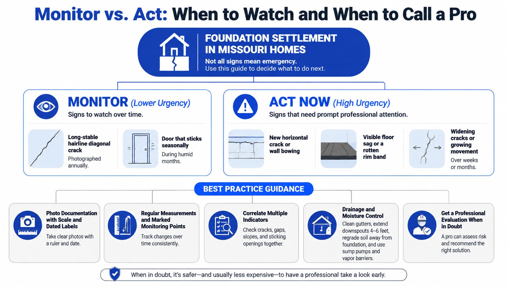 A helpful infographic guide detailing when to monitor or act on signs of foundation settlement in homes.