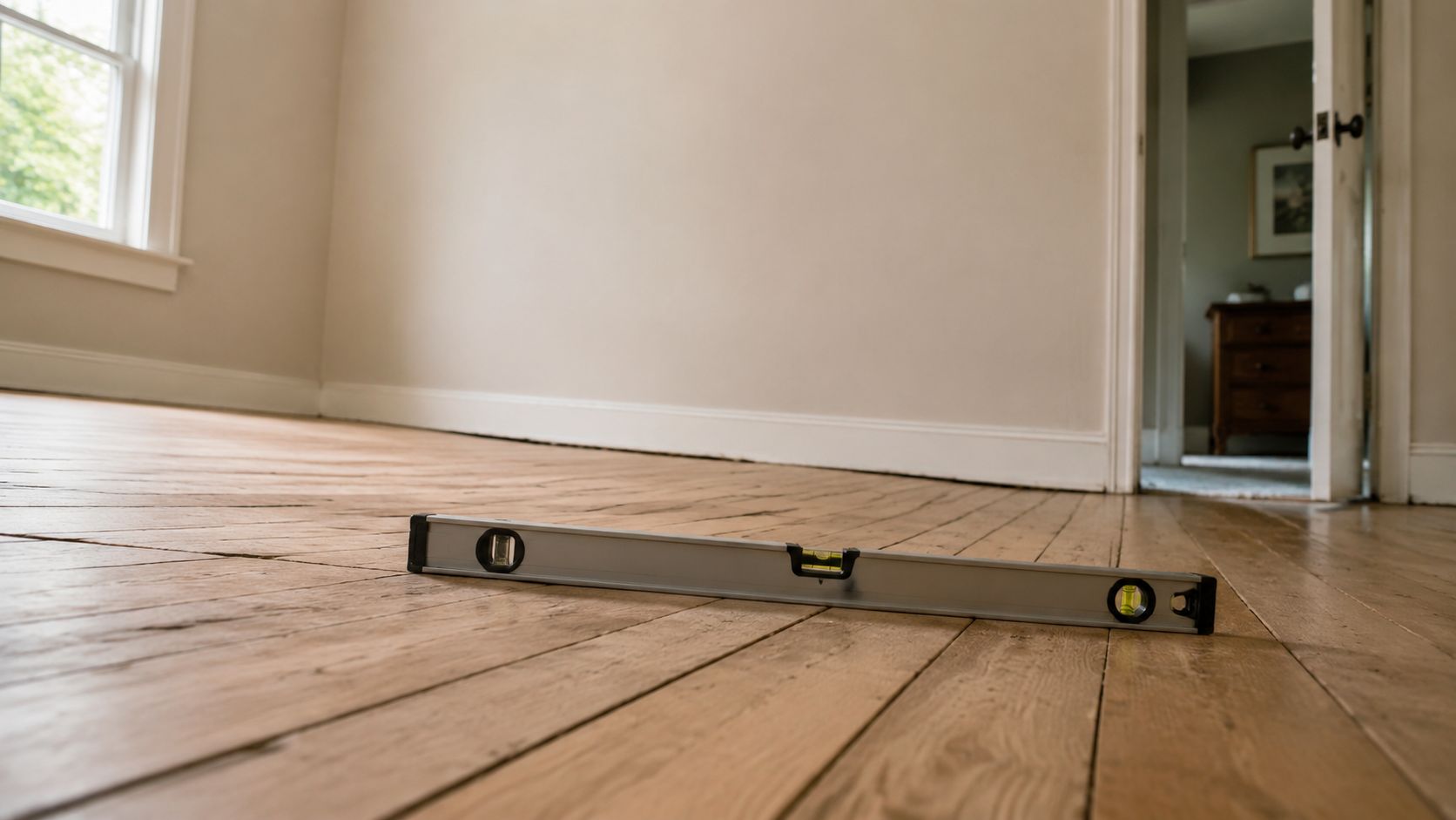 A spirit level rests on uneven hardwood flooring in a room to demonstrate signs of foundation settlement.