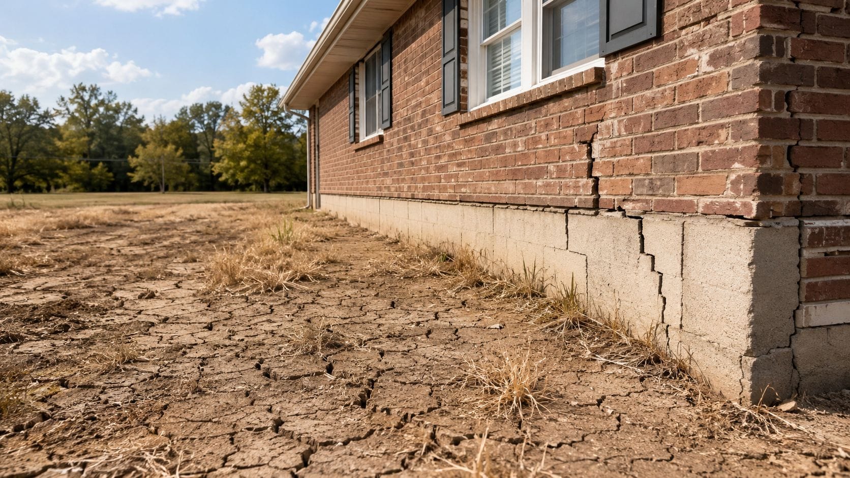 A red brick house with significant structural stair-step foundation cracks caused by severe drought and dry soil.