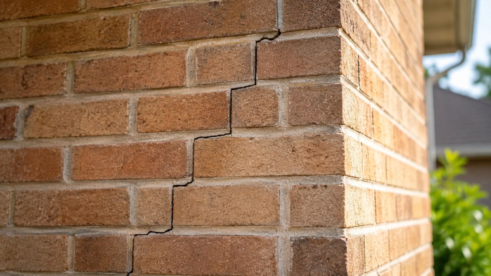 A close-up view showing diagonal stair step cracks extending through the mortar joints of a brick wall.