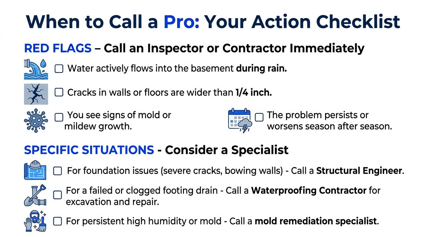 A checklist infographic titled When to Call a Pro detailing red flags and situations for basement repairs.
