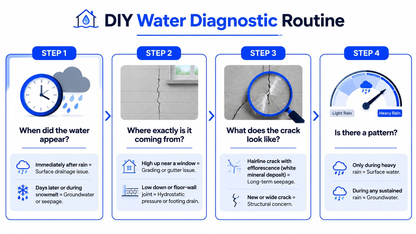 A DIY infographic illustrating a four-step diagnostic routine for identifying sources of water leaks in basements.