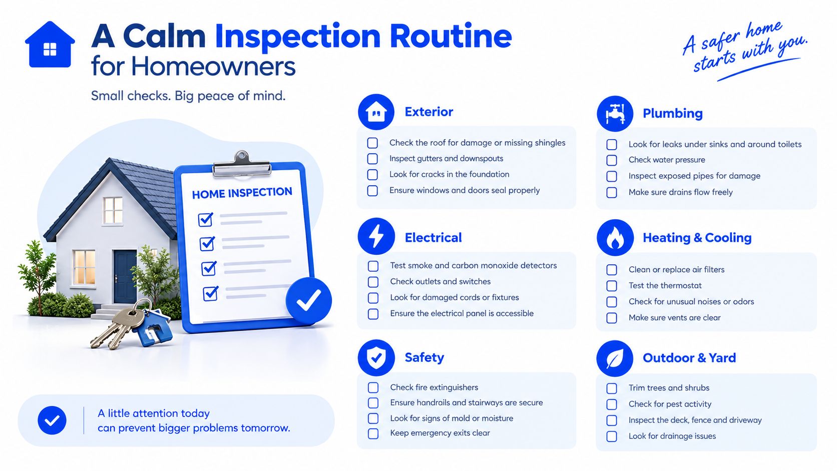 A comprehensive home maintenance inspection checklist infographic featuring exterior, plumbing, electrical, safety, heating, and outdoor categories.