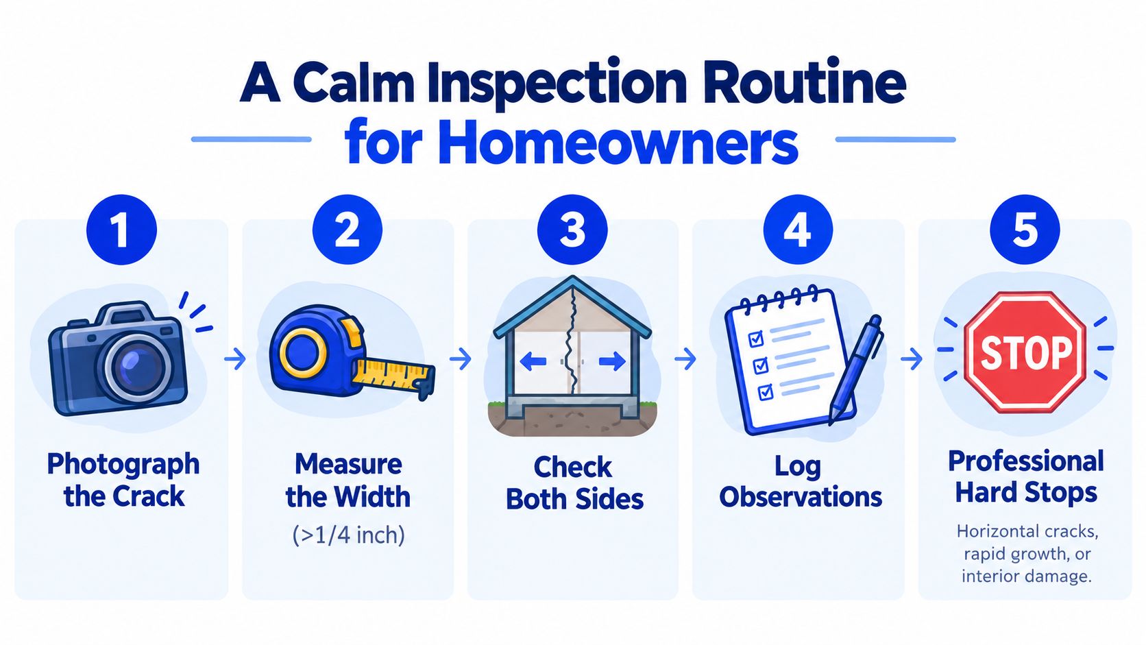 A five-step infographic guide for homeowners on how to inspect and document cracks in their home foundation.