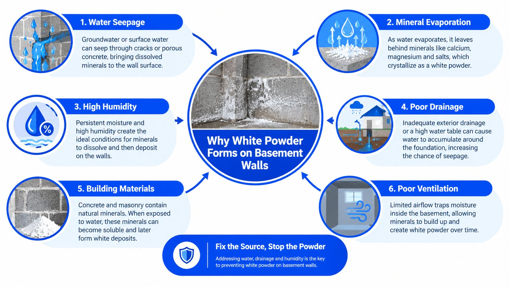 A diagram explaining why white efflorescence powder forms on concrete basement walls due to moisture and minerals.