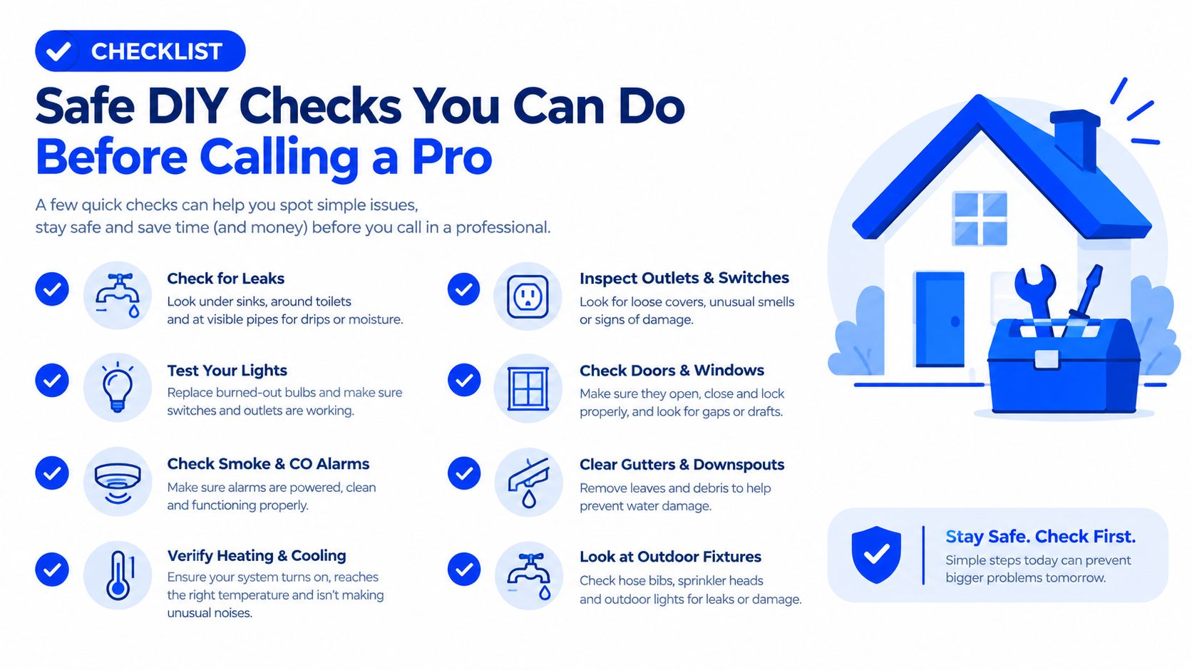 A safety checklist infographic listing DIY home maintenance tasks to perform before calling a professional technician.