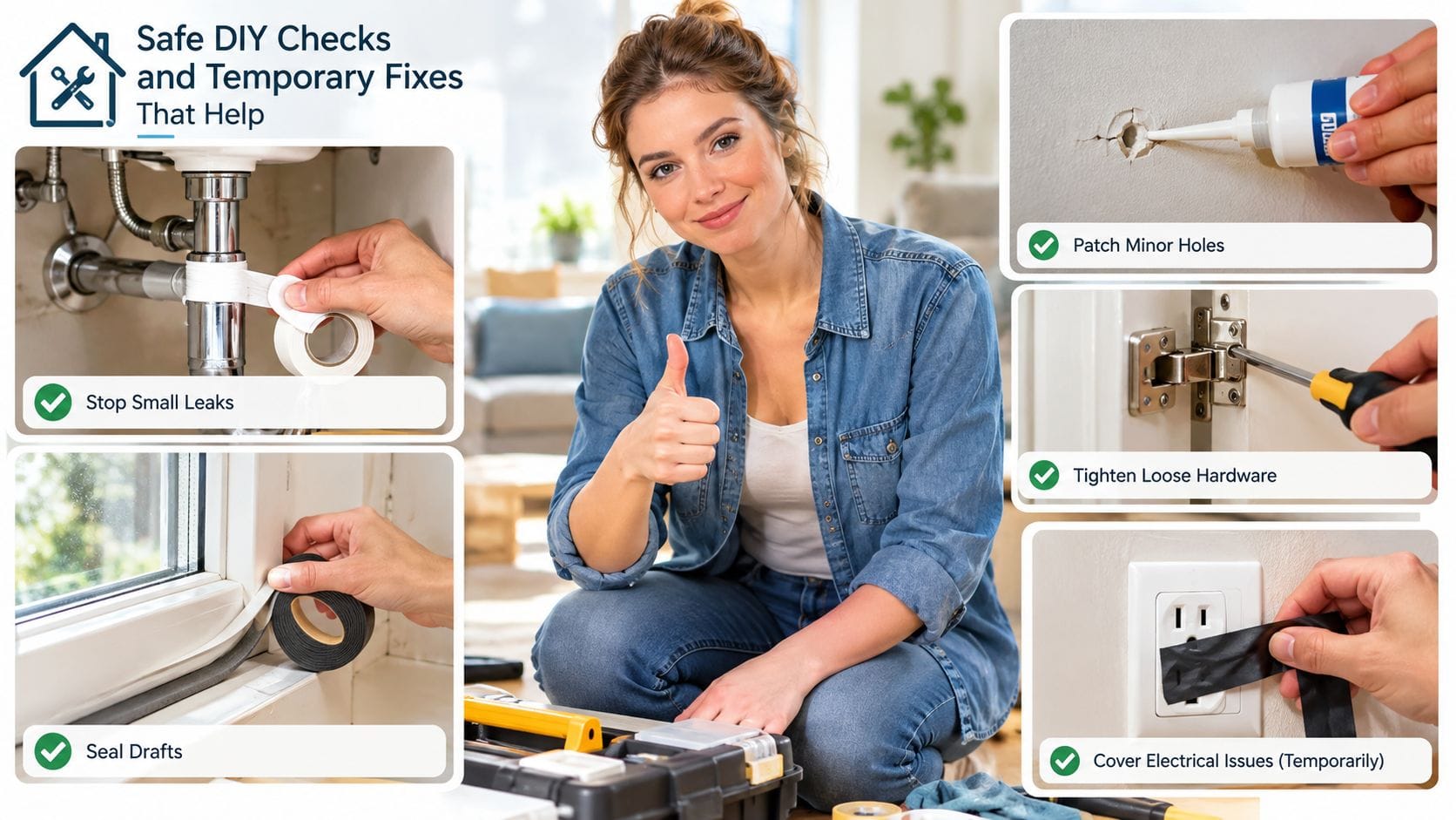 A woman giving a thumbs up surrounded by common DIY home repair tips and temporary fix illustrations.