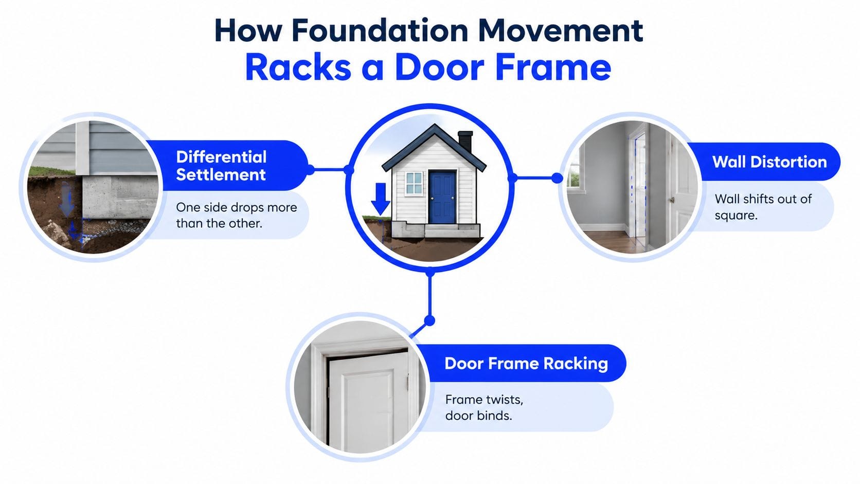 A diagram illustrating how foundation differential settlement causes wall distortion and door frame racking in a house.