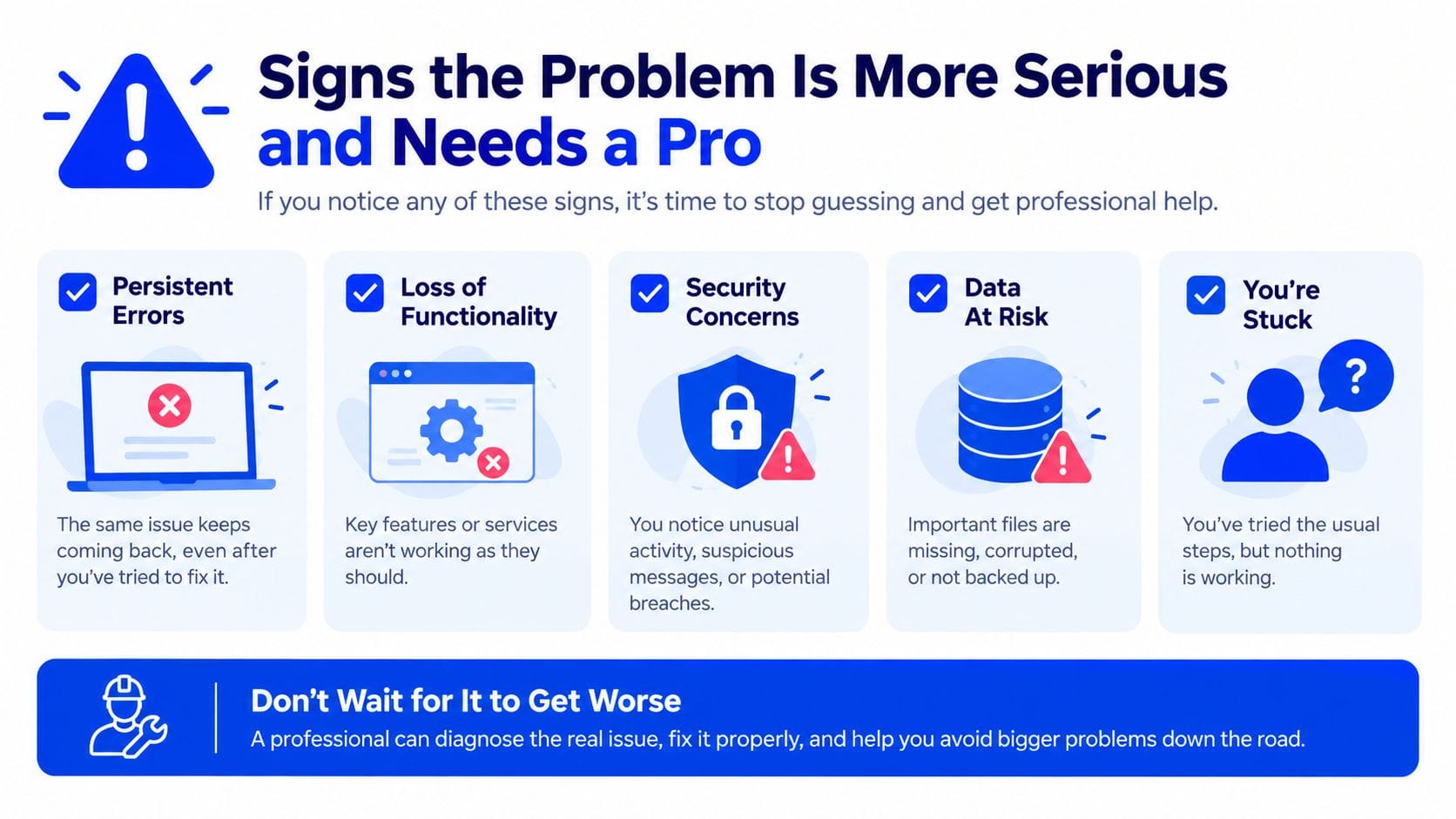 A graphic listing five signs that a technical problem is serious and requires professional repair assistance.