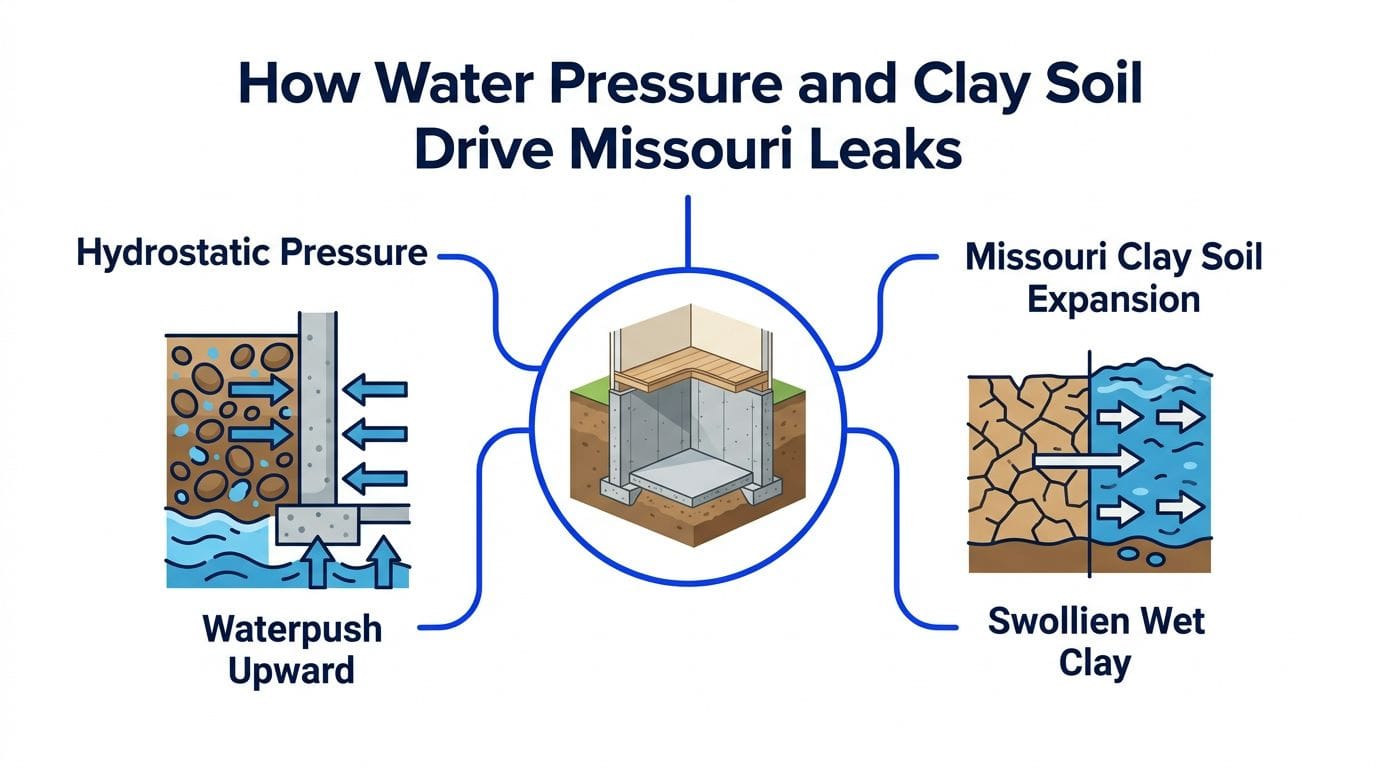 A diagram illustrating how hydrostatic pressure and clay soil expansion cause basement leaks in Missouri homes.