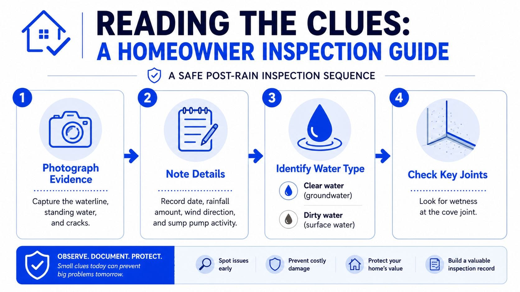 A four-step homeowner inspection guide for identifying water intrusion clues in a basement after a rainfall.