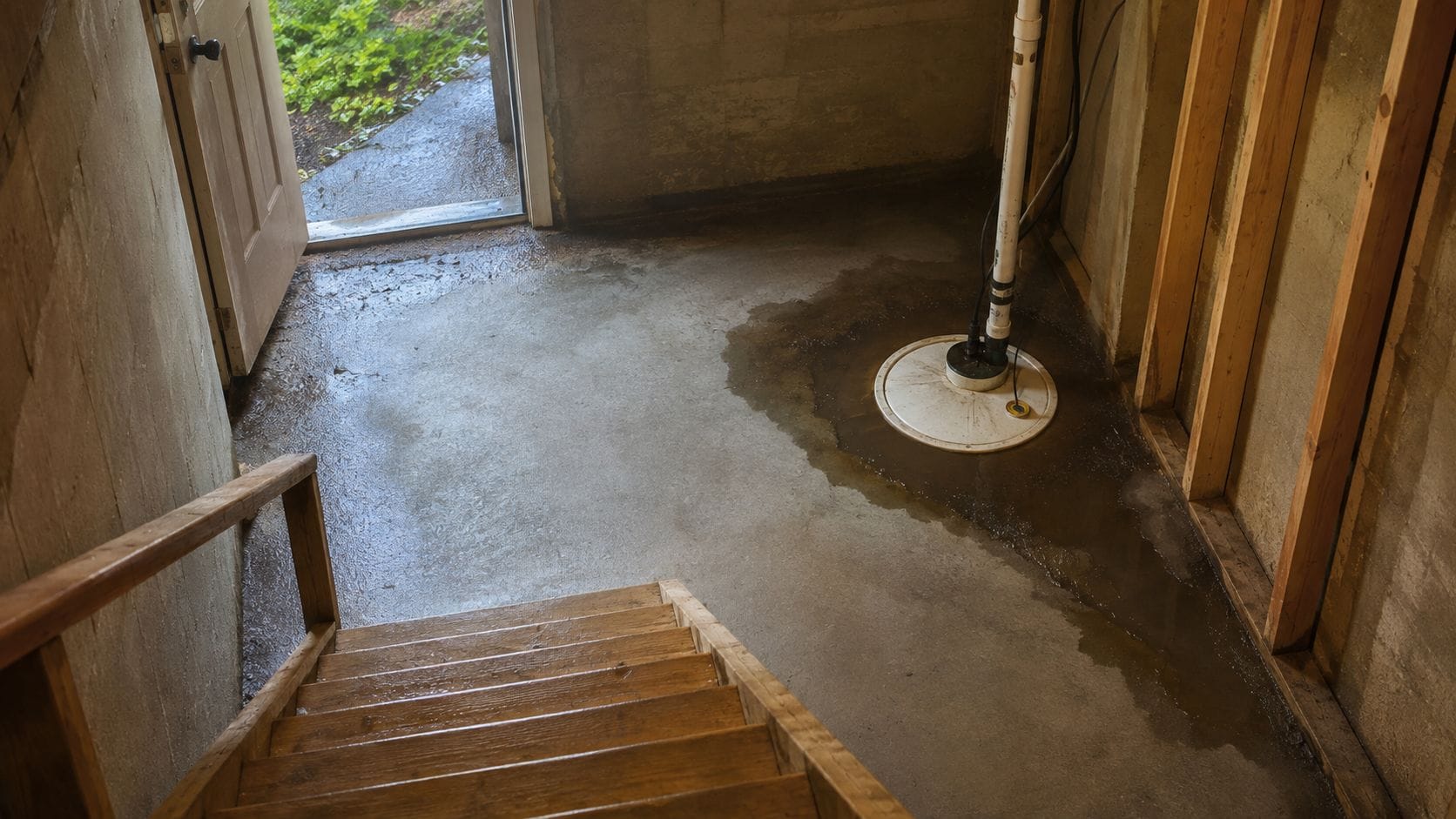 A damp basement floor with water pooling around a sump pump lid near an open exit door.