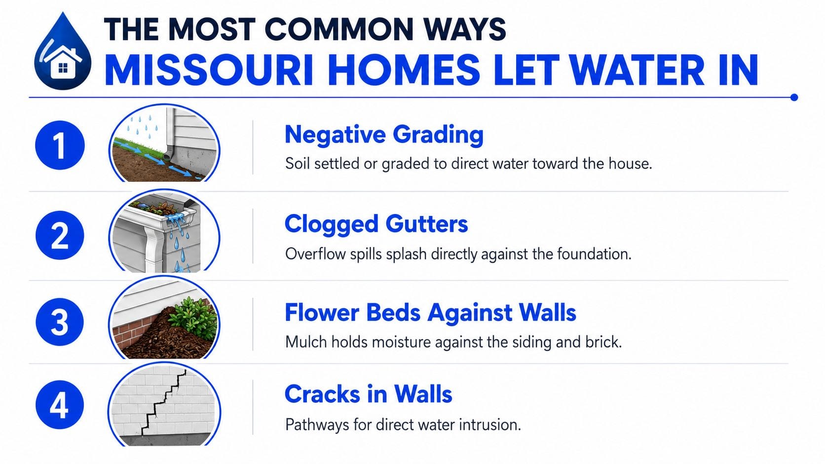 An infographic showing four common causes of water leaks in Missouri homes including grading and cracks.