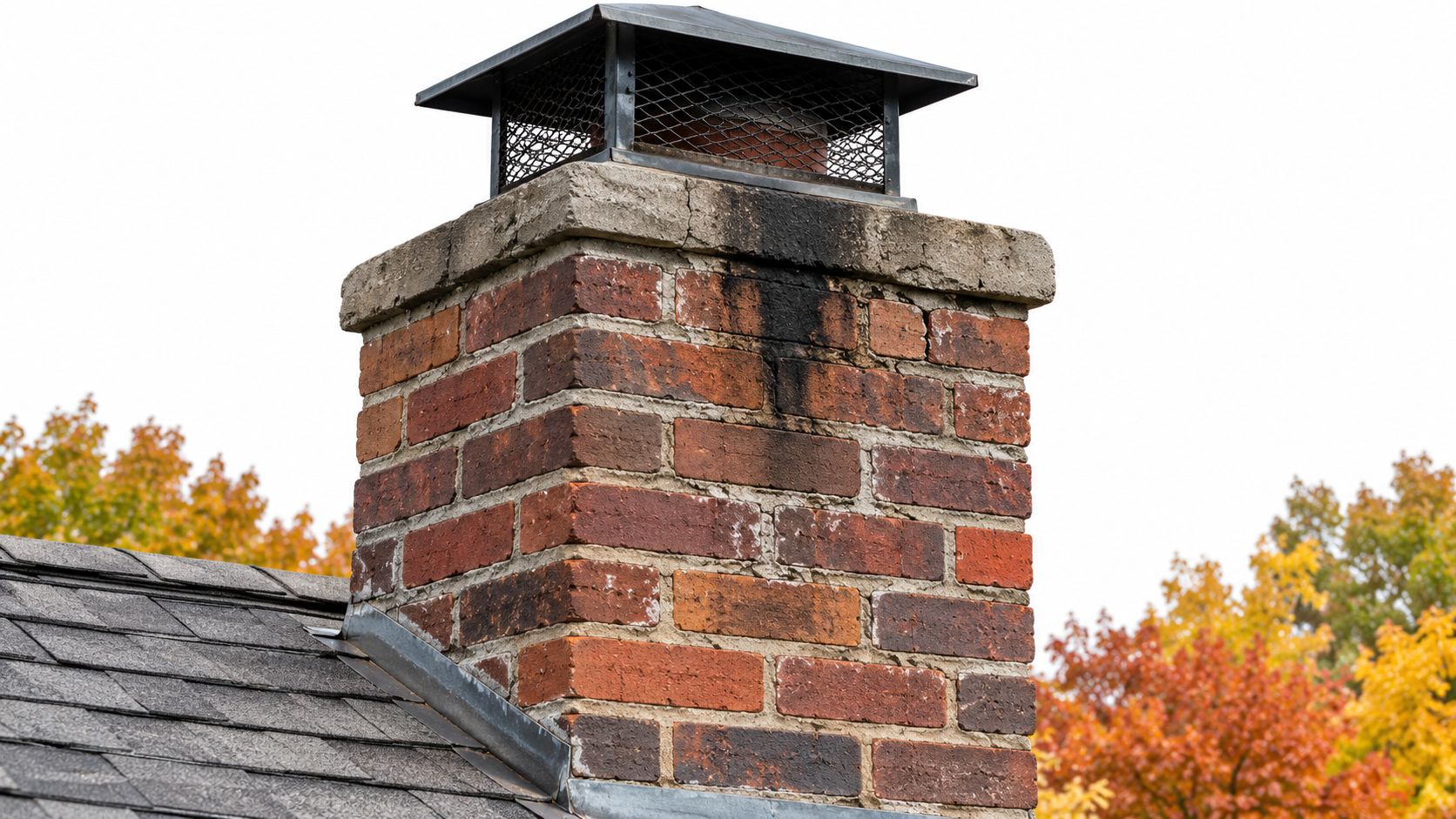 A close-up view of a brick chimney on a house roof surrounded by autumn colored trees.