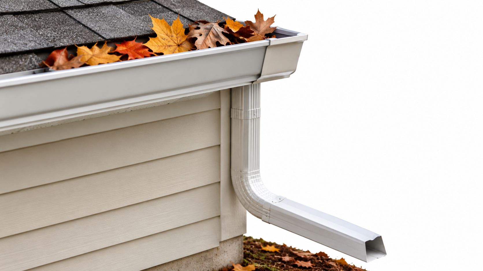 A close-up view of house gutters filled with fallen autumn leaves requiring maintenance in Missouri.