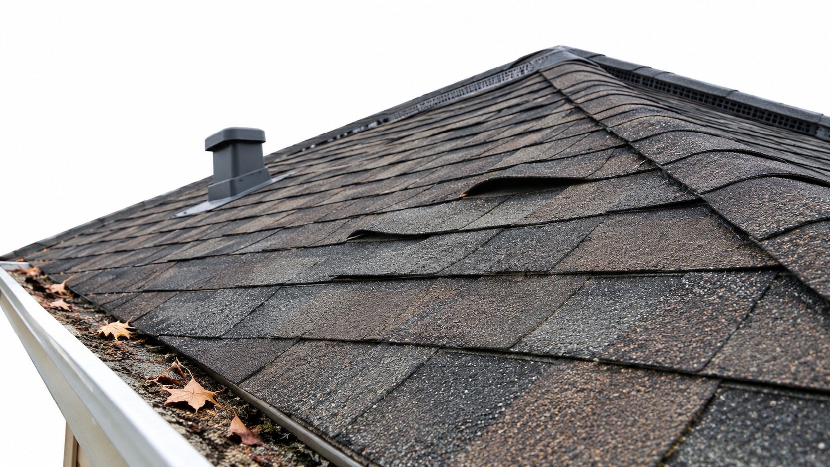 A close-up view of a roof with damaged shingles and gutters filled with dead autumn leaves.