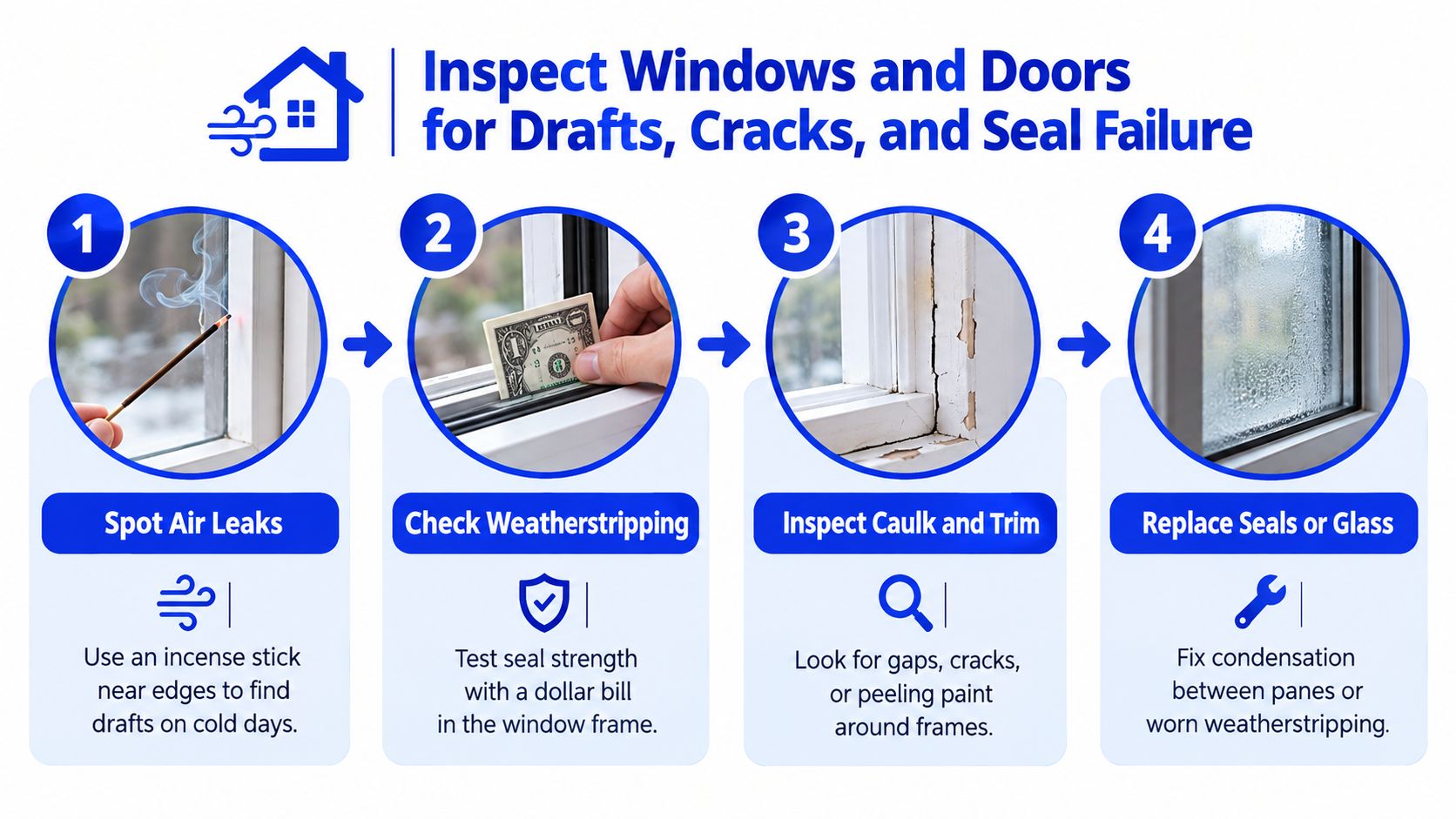 A four-step infographic illustrating how to inspect home windows and doors for drafts, leaks, and damage.